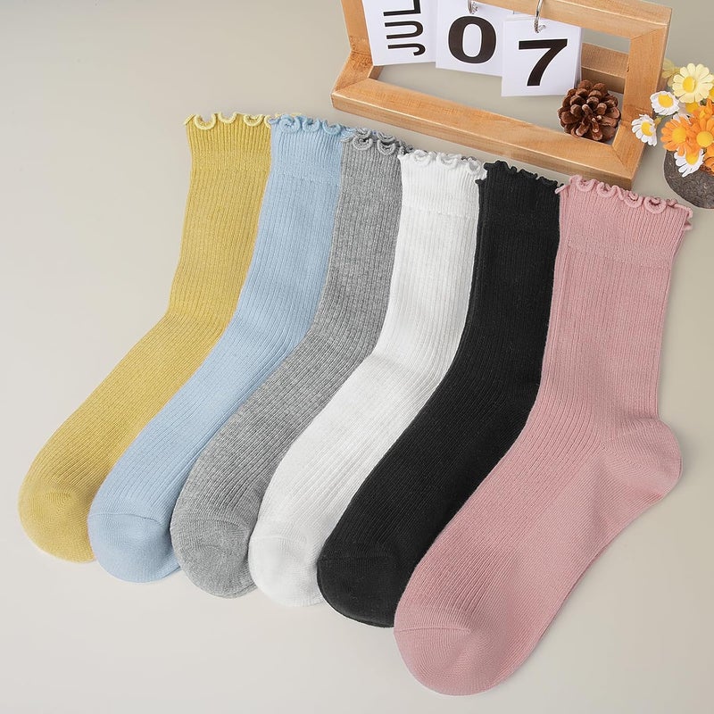 Socksfad Store 6 Pairs Cute Floral Ruffle Crew Socks Women, Breathable Cotton Novelty Casual Girls Above Ankle Funny Socks US 5-10 - Image 2